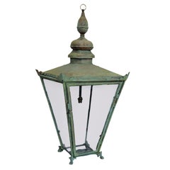 Antique Large English Verdigris Copper Hanging Lantern, circa 1860