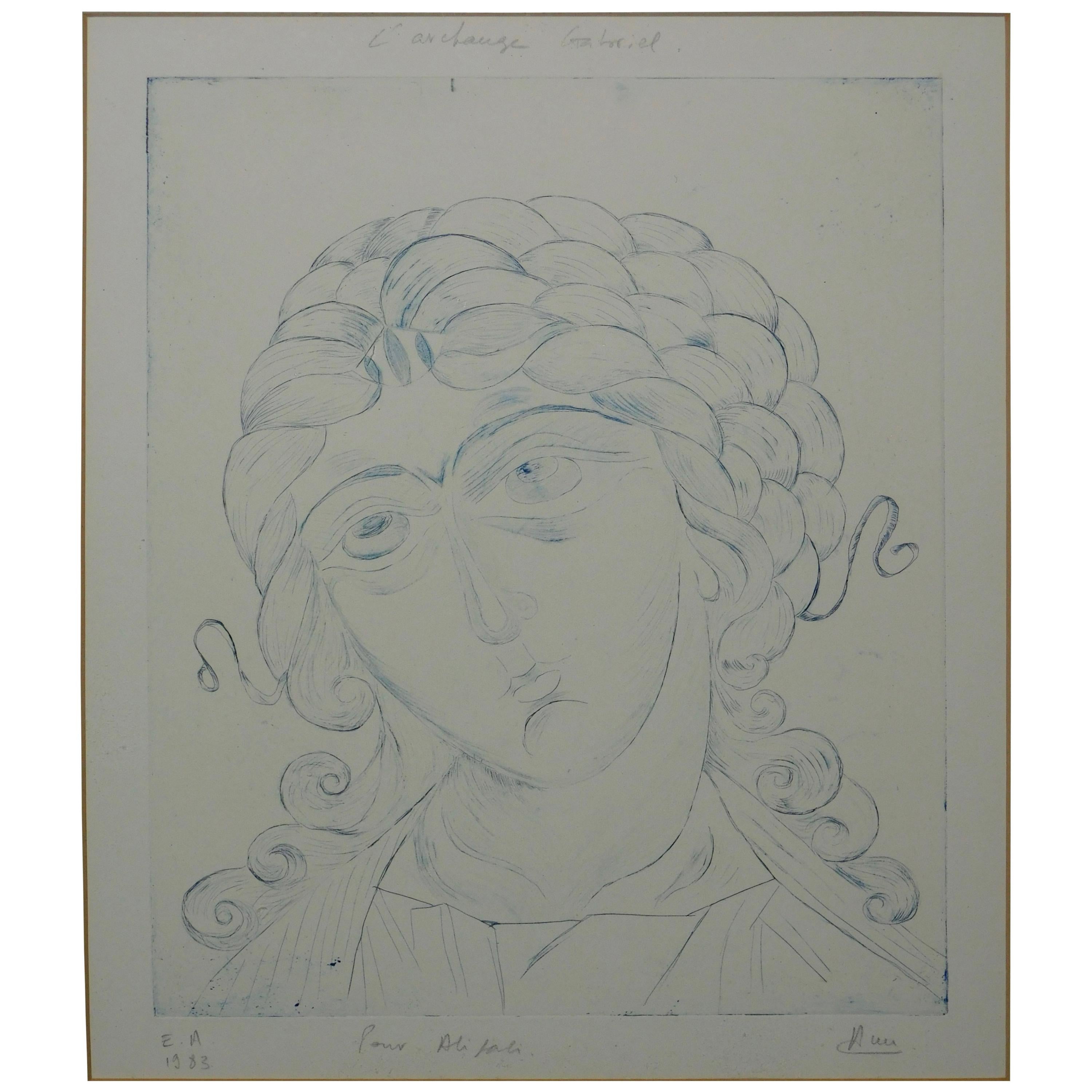 Copper Plate Etching on Paper Portrait of the Arc Angel Gabriel For Sale