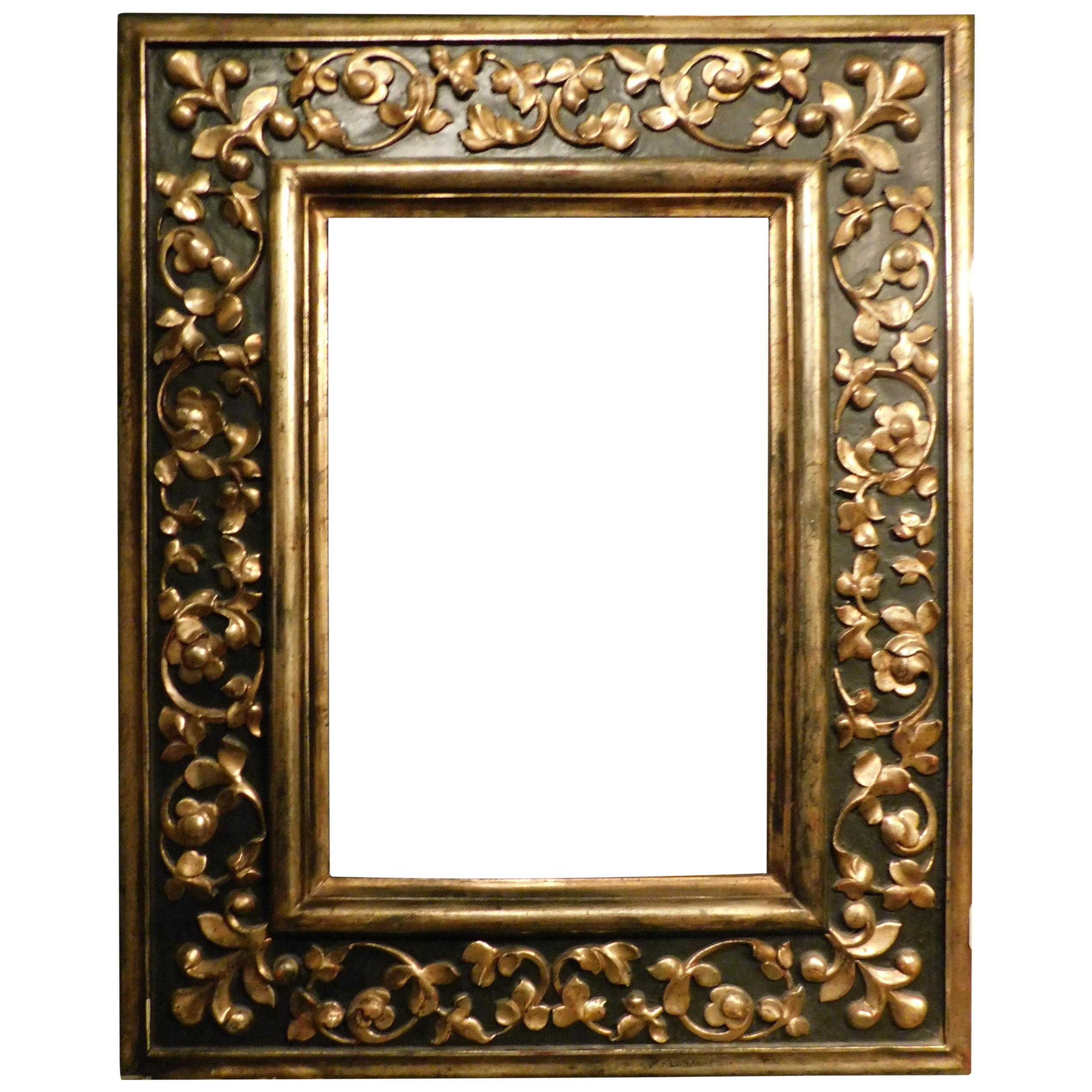 19th Century Antique Frame Carved and Decorated with Golden Floral Motifs