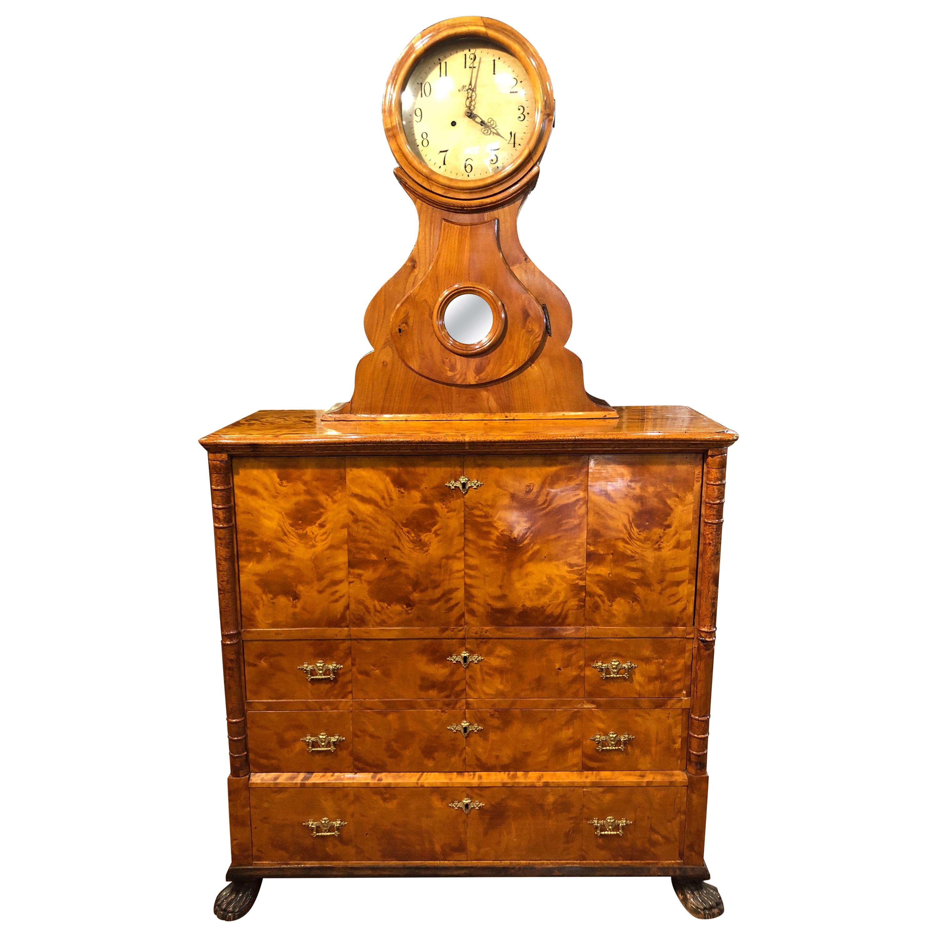 19th Century Biedermeier Birch Root Sweden Secretaire with Clock, 1867s