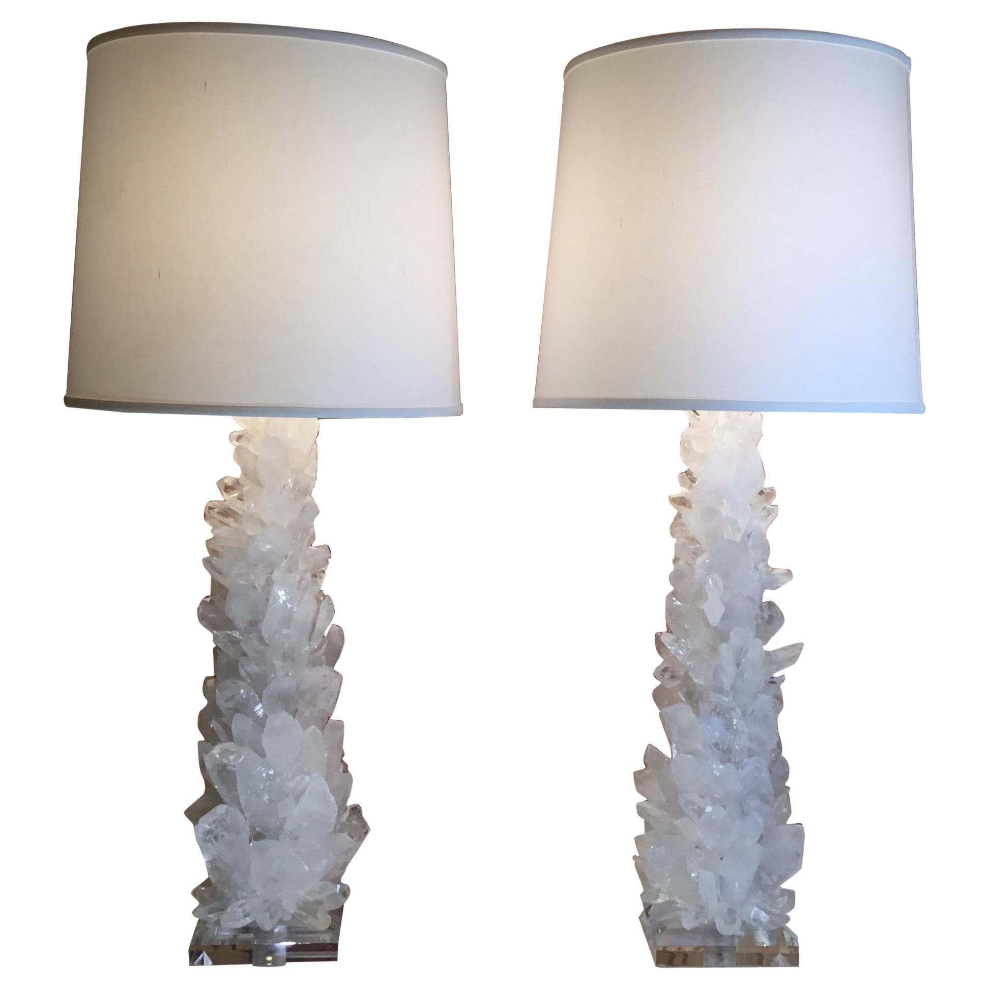 Pair of Fantastic White Quartz Crystal Table Lamps