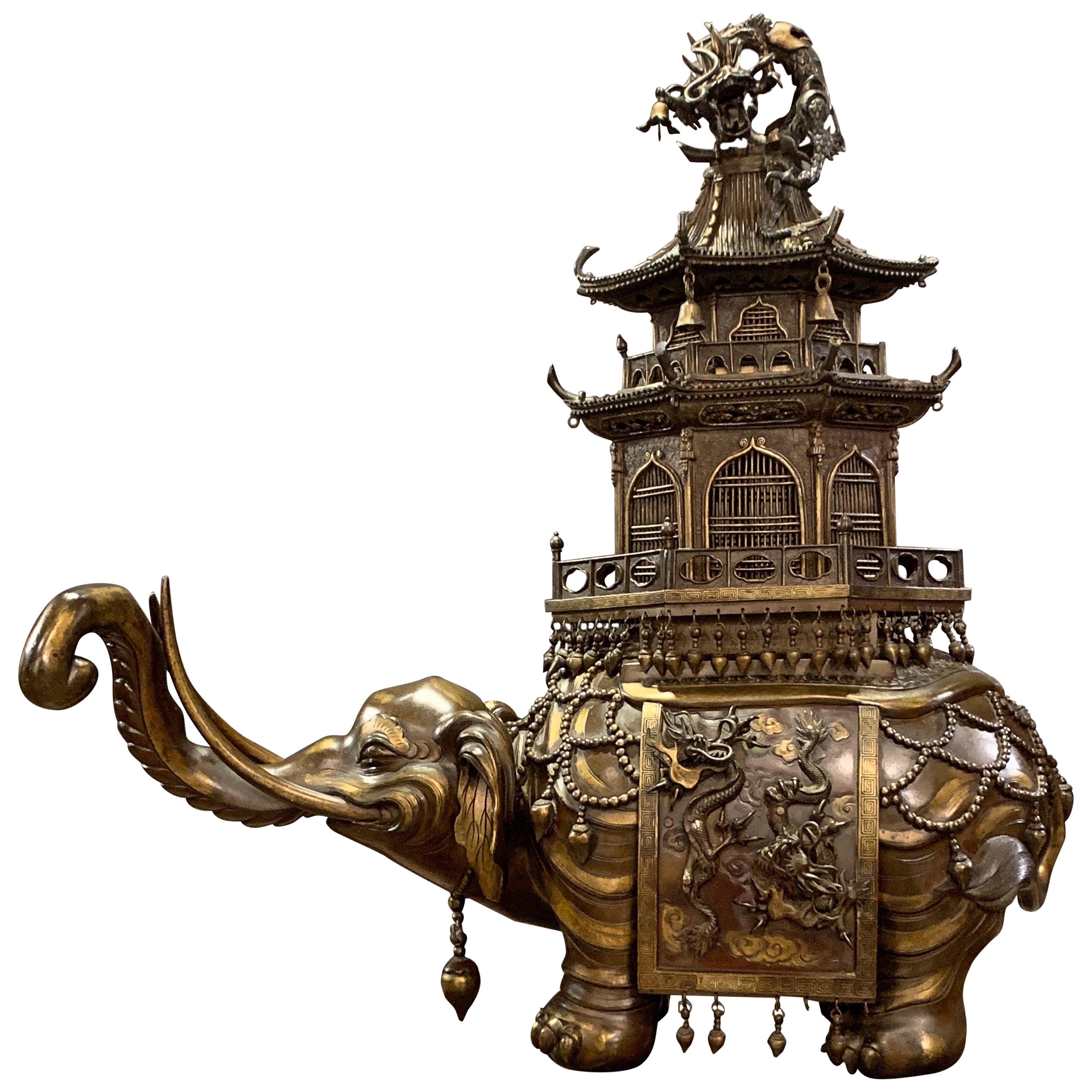 Massive Japanese Meiji Bronze Elephant and Pagoda Incense Burner