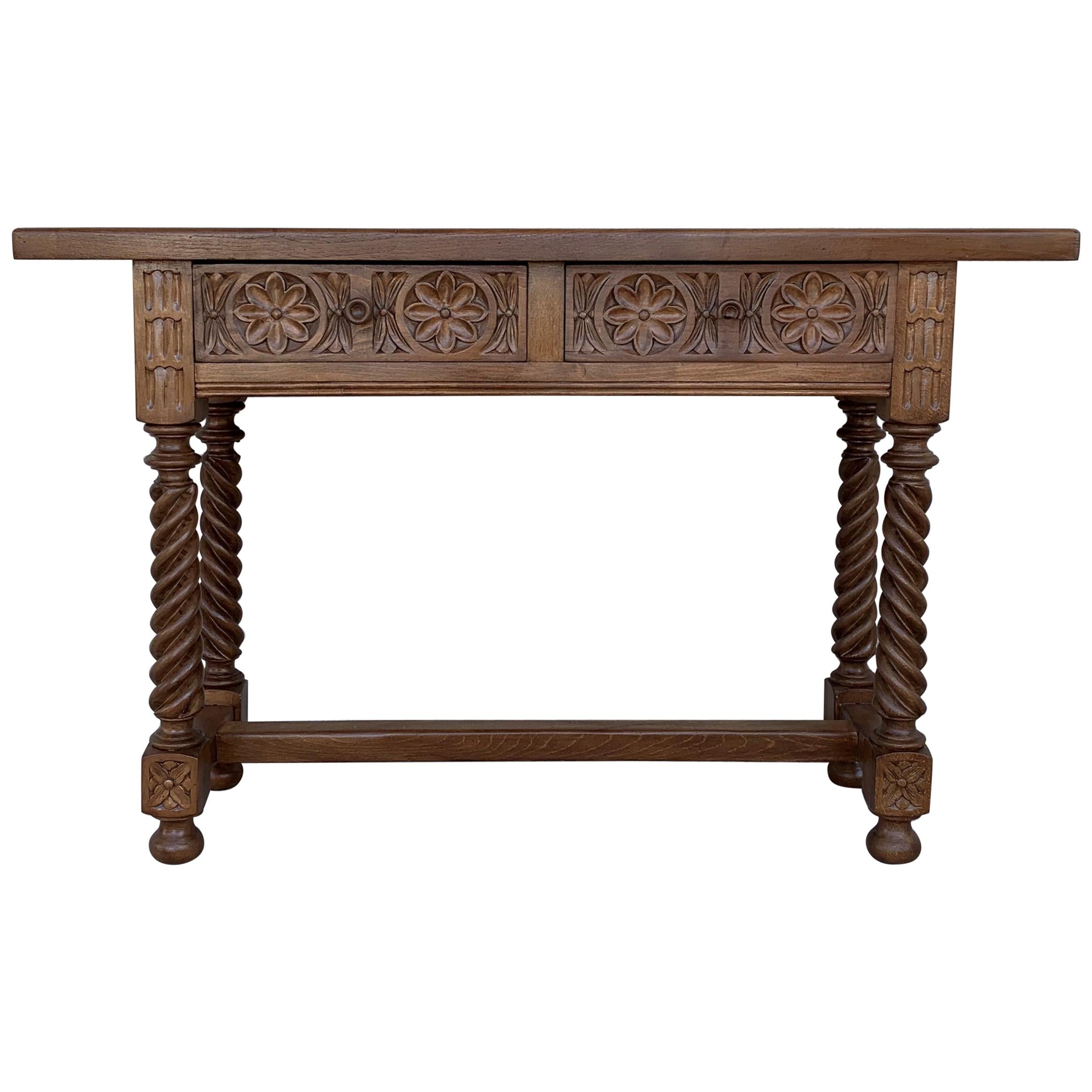 Spanish Baroque Carved Walnut Console Table with Two Drawers, circa 1860