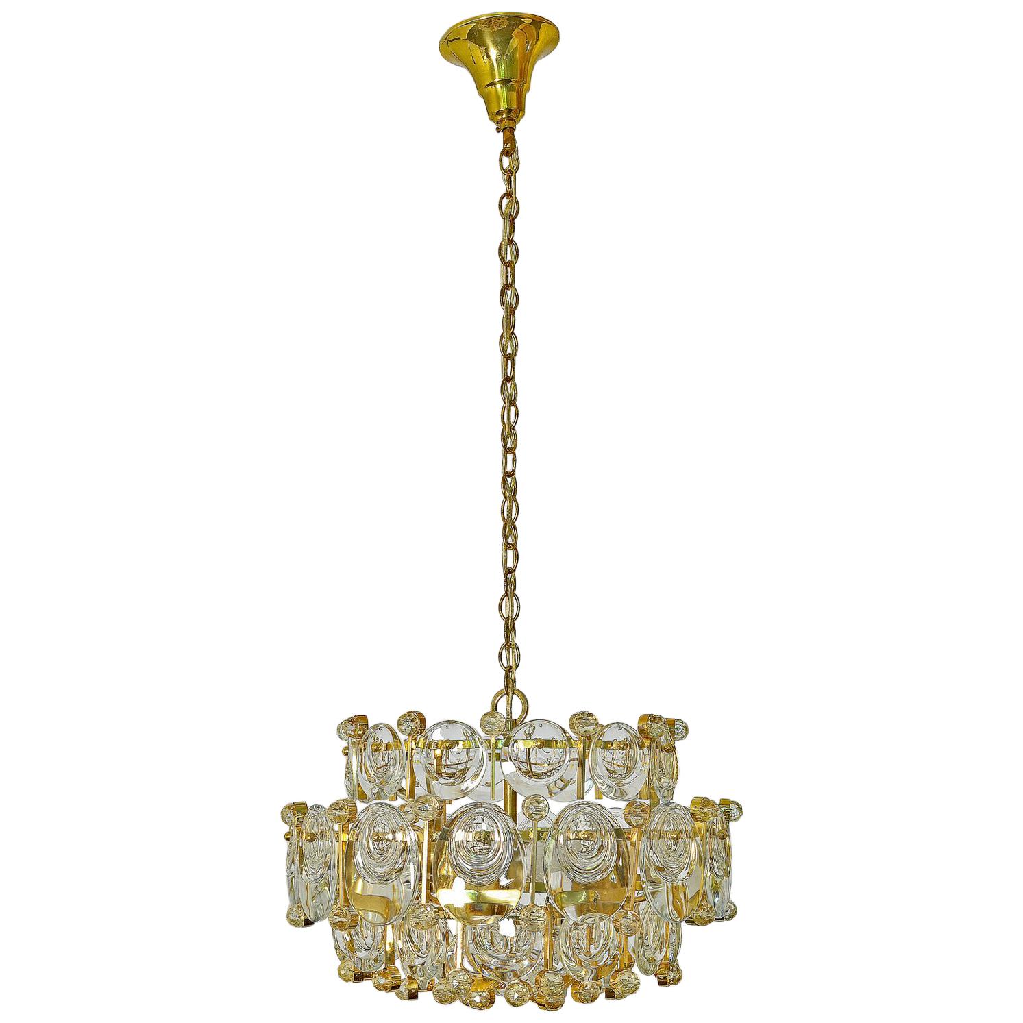 Gilt Brass and Crystal Glass Chandelier from Palwa, 1960s Labeled by Palwa For Sale