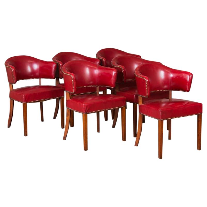 Set of 6 Vintage Red Leather Barrel Back Side Chairs, Danish, 1950s