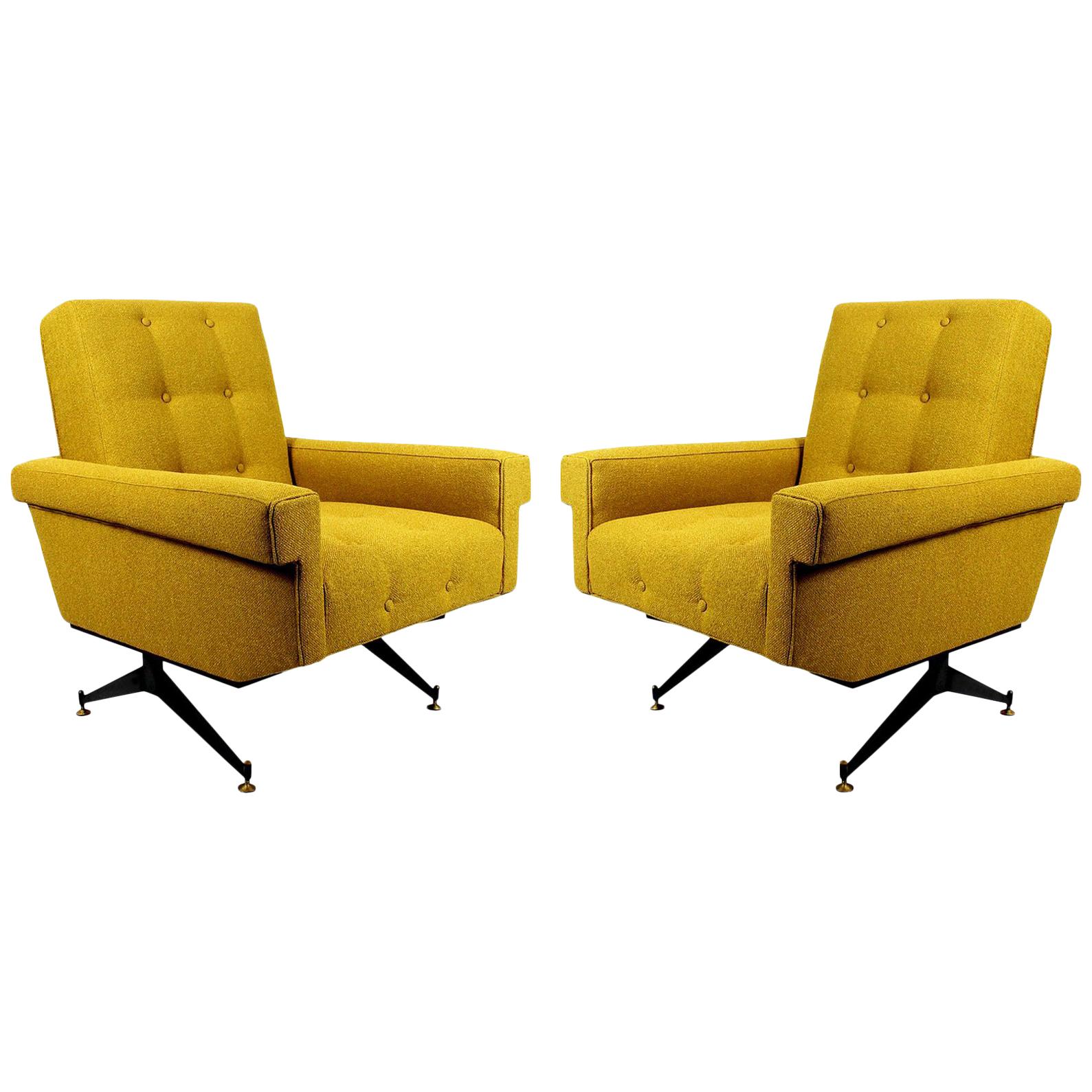 Pair of Mid-Century Modern Padded Armchairs With Yellow-Mustard Fabric - Italy