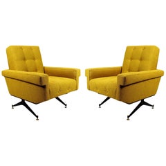 Pair of Mid-Century Modern Padded Armchairs With Yellow-Mustard Fabric - Italy