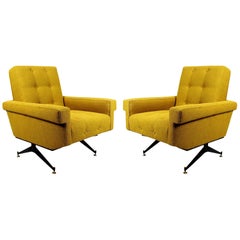 Pair of Mid-Century Modern Padded Armchairs With Yellow-Mustard Fabric - Italy