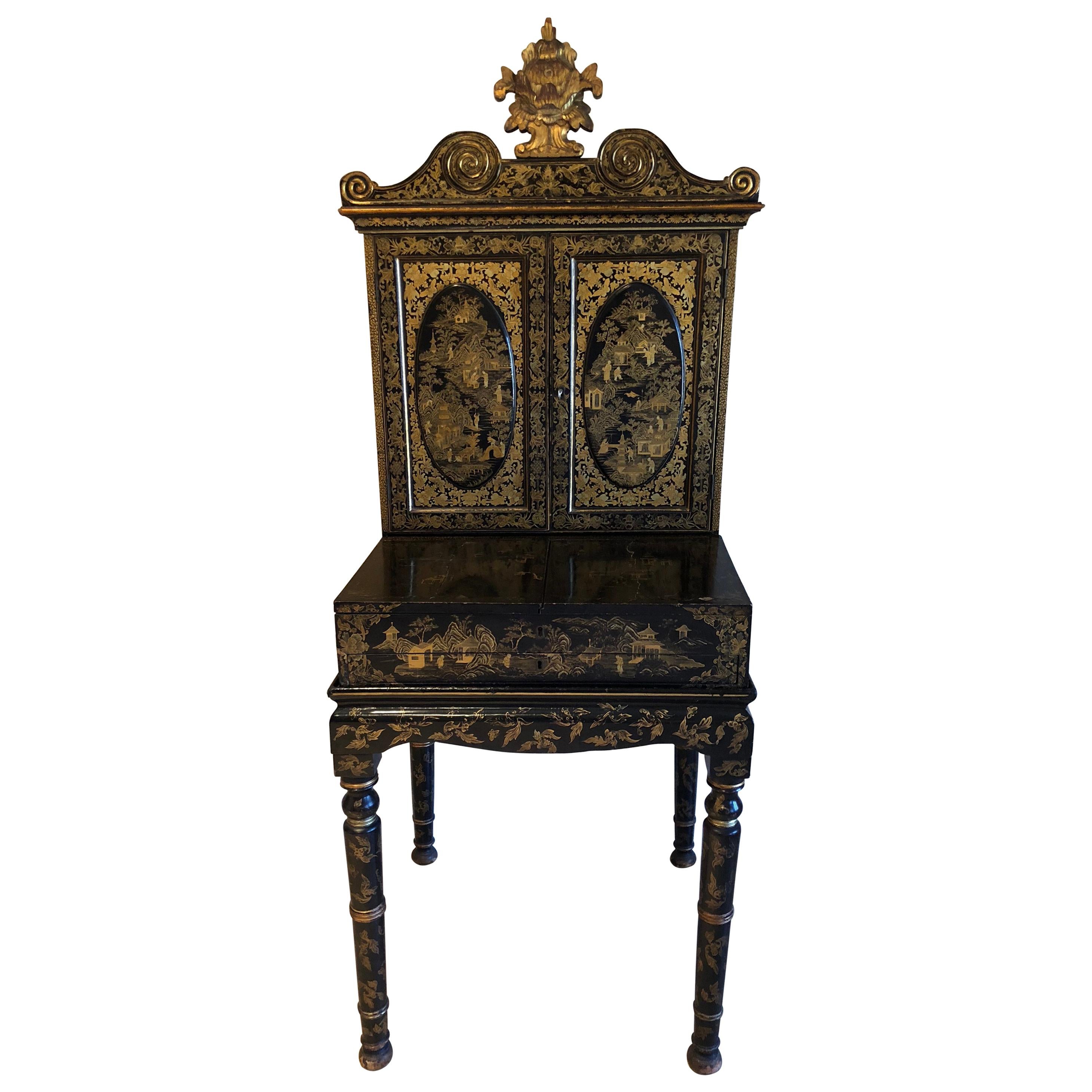 Exquisite Antique Chinese Export Gilt Decorated Black Lacquer Cabinet on Stand