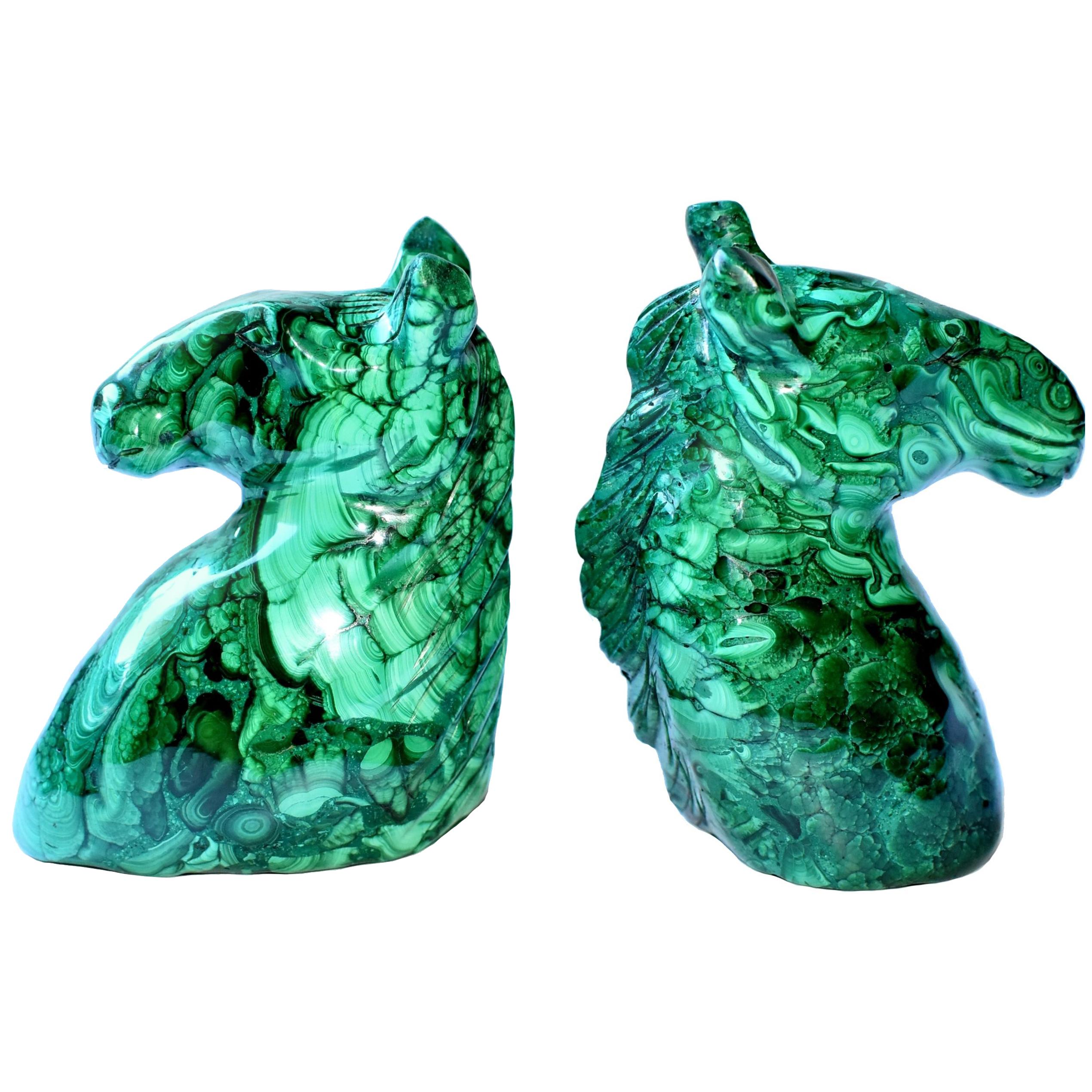 Natural Malachite Horse Sculptures Pair Bookends Paperweights