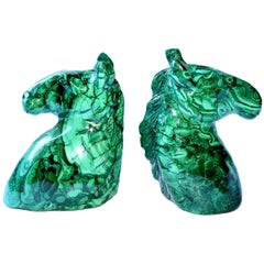 Natural Malachite Horse Sculptures Pair Bookends Paperweights
