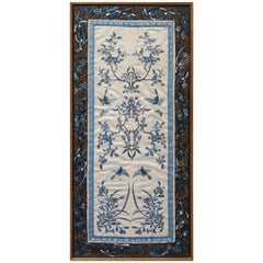 Chinese Silk Embroidered Floral Textile in Blue and White