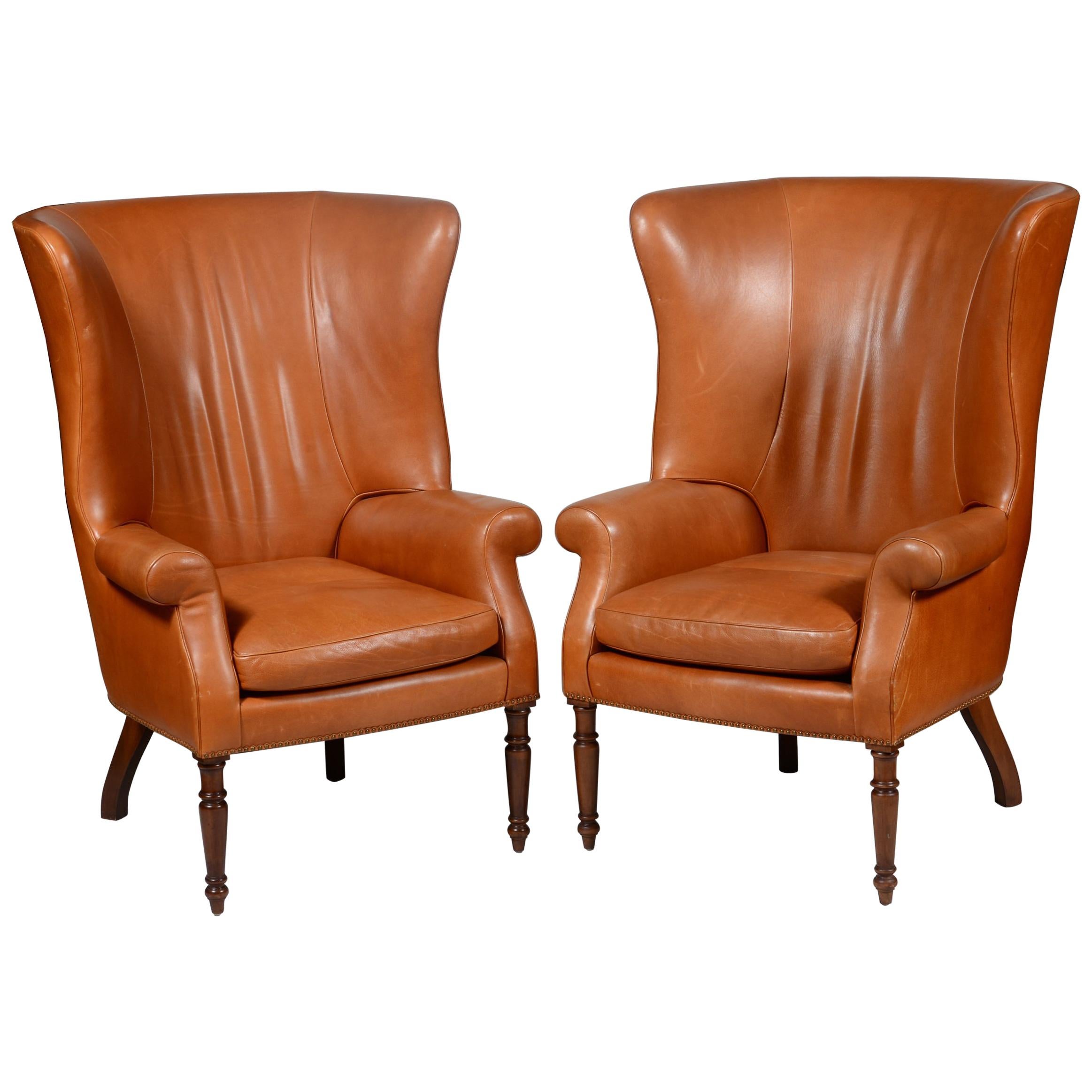 Pair of Classic High Back Saddle Leather Wing Back Fireplace or Parlour Chairs
