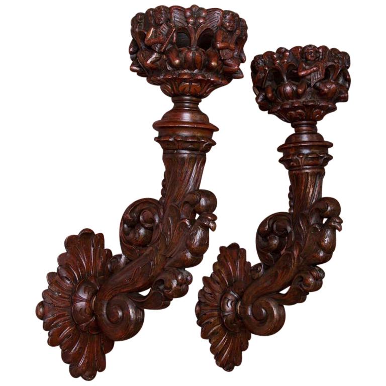 Pair of Heavily Carved Wooden Swedish Wall Sconces