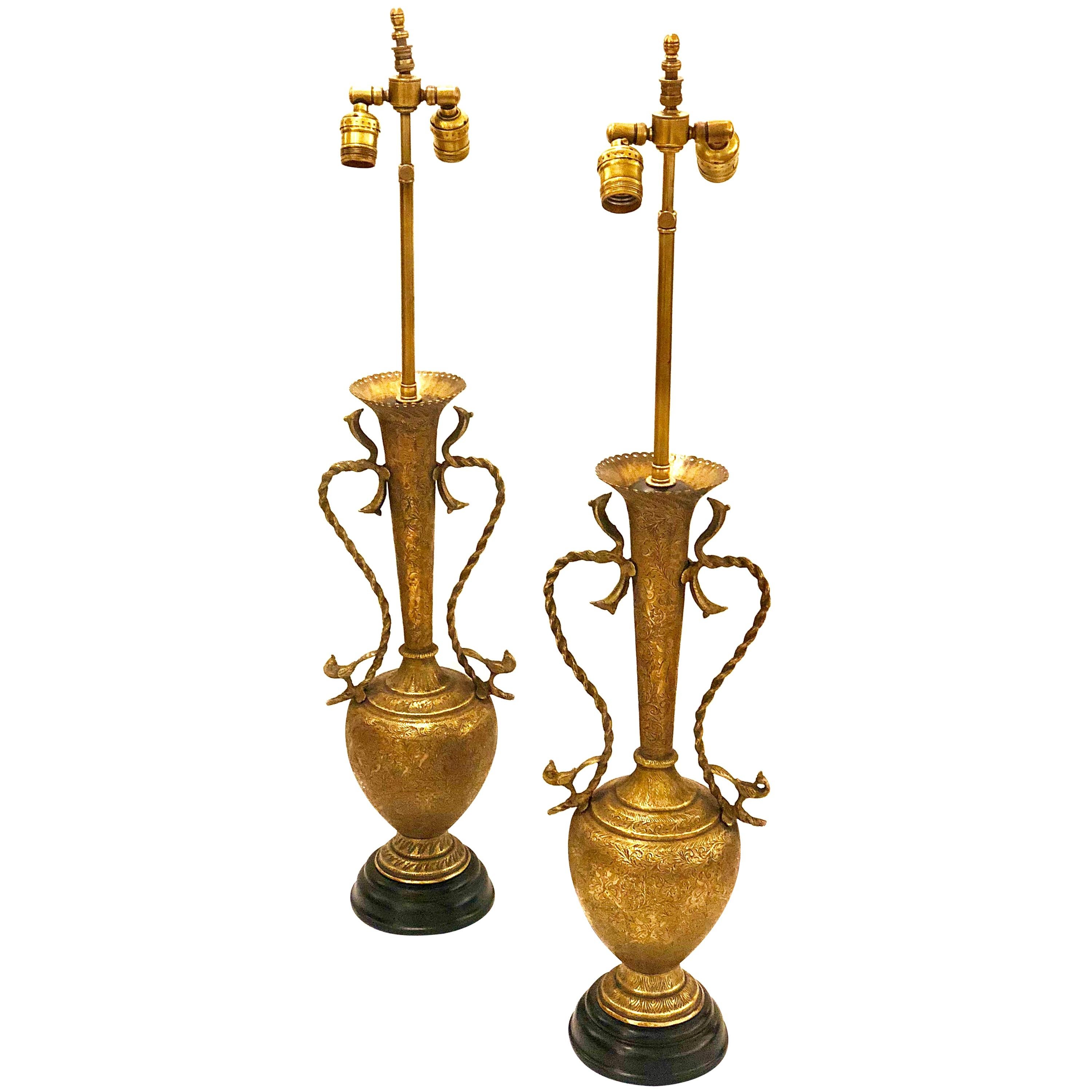 Striking Pair of Brass Hammered Antique Moroccan Table Lamps