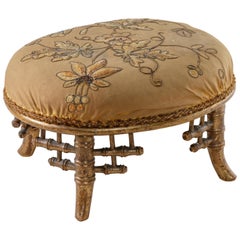 Antique 19th Century French Napoleon III Gilt Bamboo Footstool Original Embroidered Top