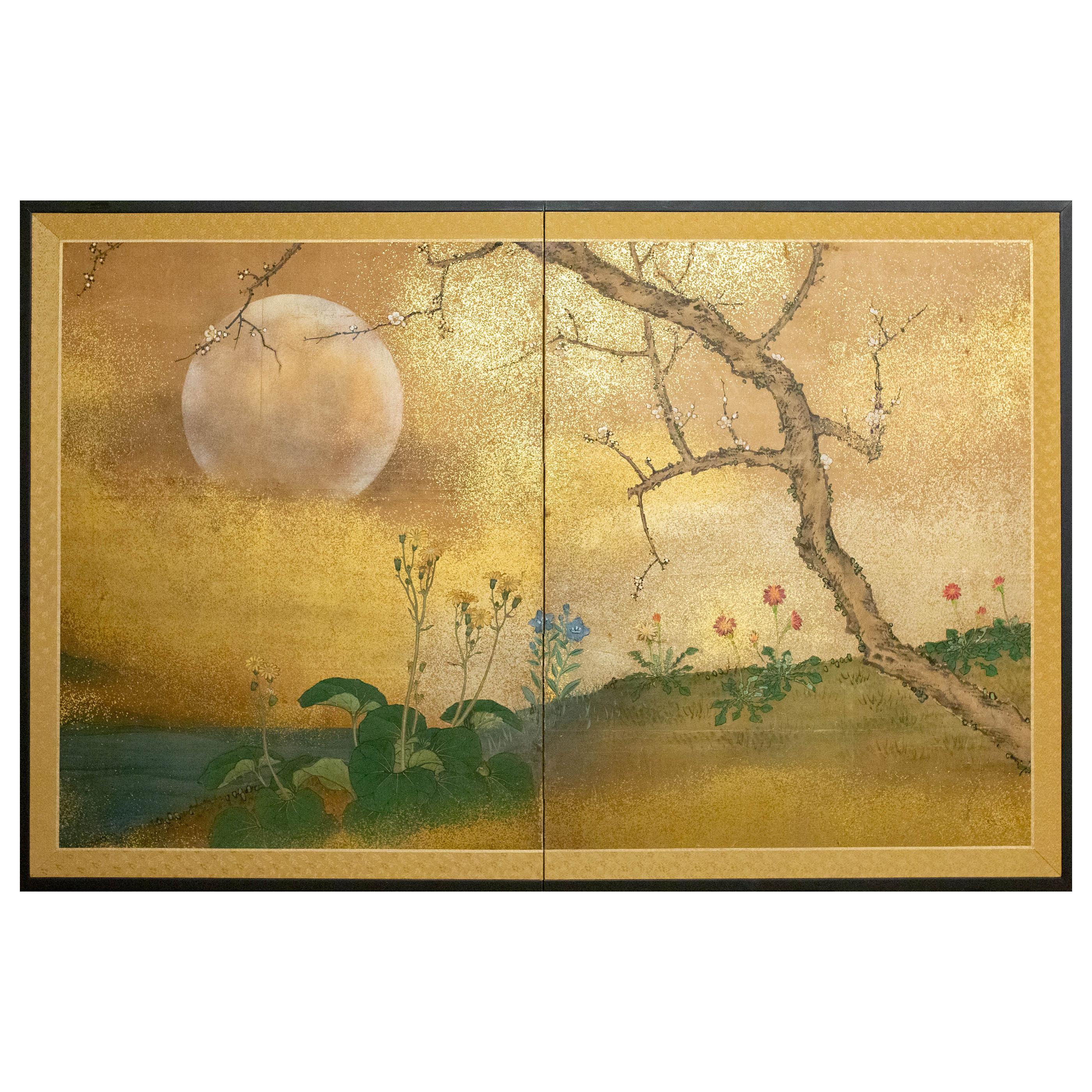 Japanese Two-Panel Screen Cherry Tree and Flowers in the Moonlight