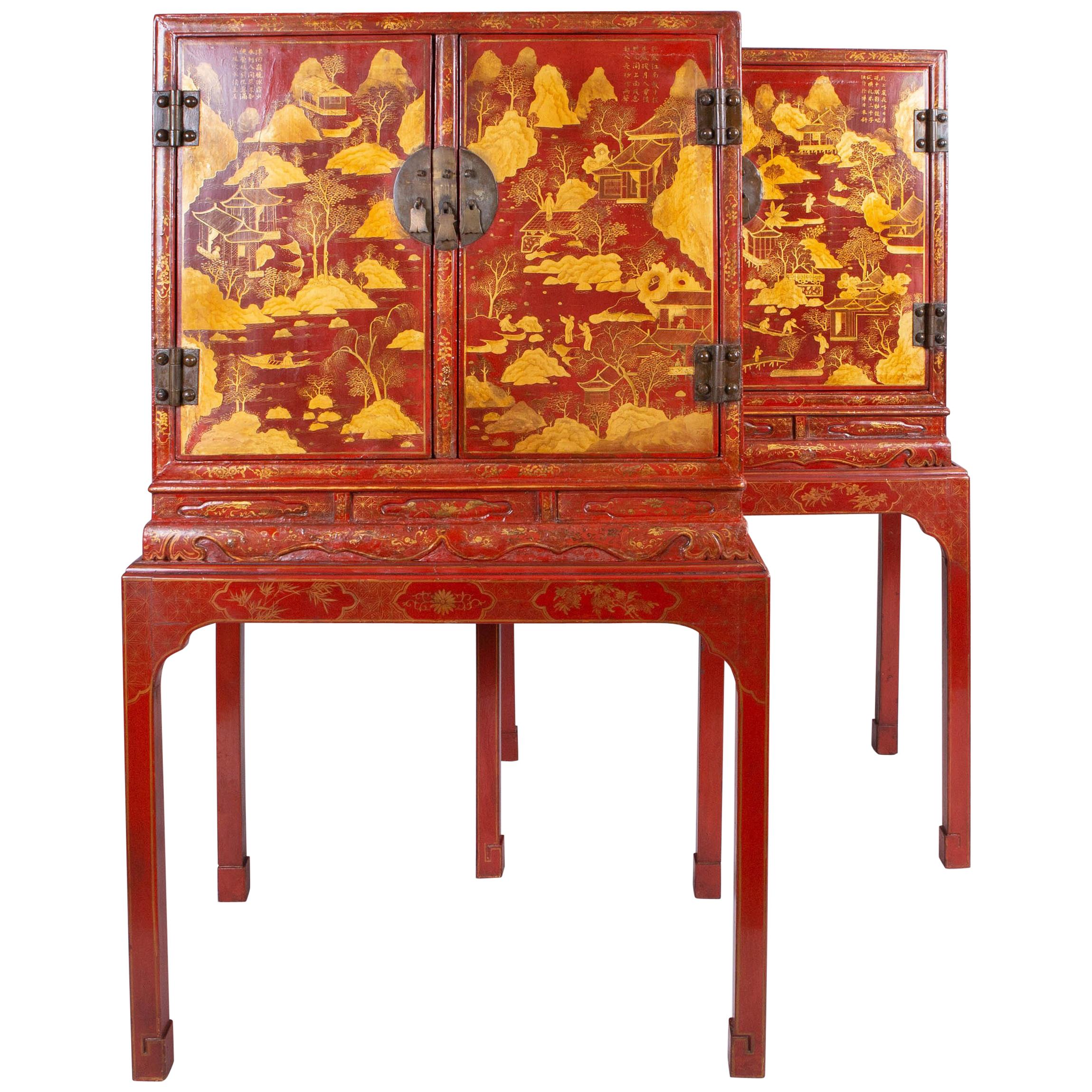 Pair of Chinese Export Bronze-Mounted Red Lacquer and Parcel-Gilt Cabinets For Sale