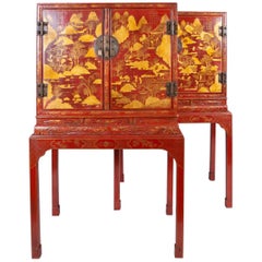 Pair of Chinese Export Bronze-Mounted Red Lacquer and Parcel-Gilt Cabinets