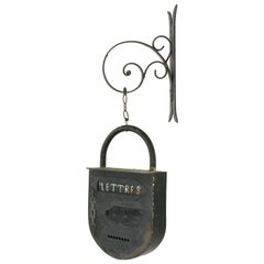 Vintage Early 20th Century French Iron Padlock Mailbox on Hand Forged Iron Bracket