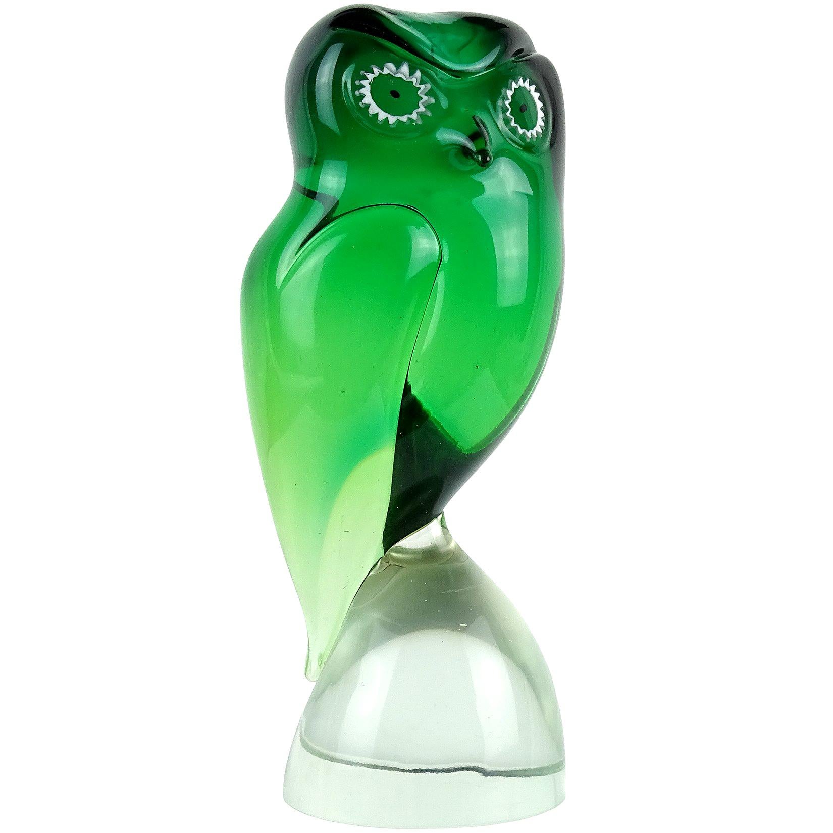 Salviati Murano Sommerso Green Murrine Eye Italian Art Glass Owl Bird Sculpture