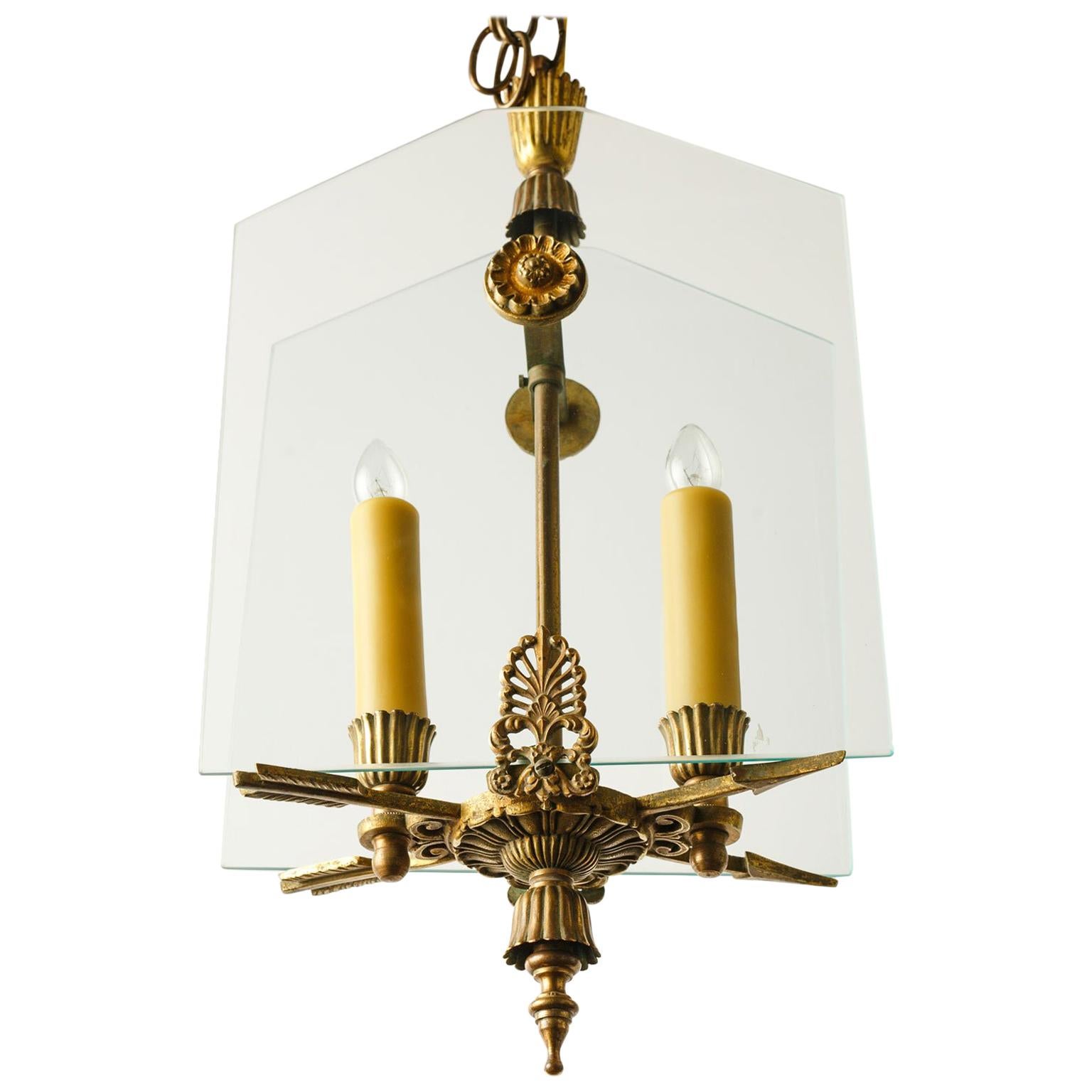 French Hollywood Regency Style Brass and Glass Mid-Century Chandelier  For Sale