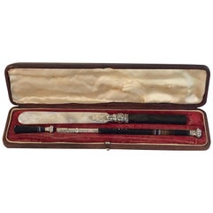 Antique Leather Cased Three-Piece Sterling and Agate Writing Set