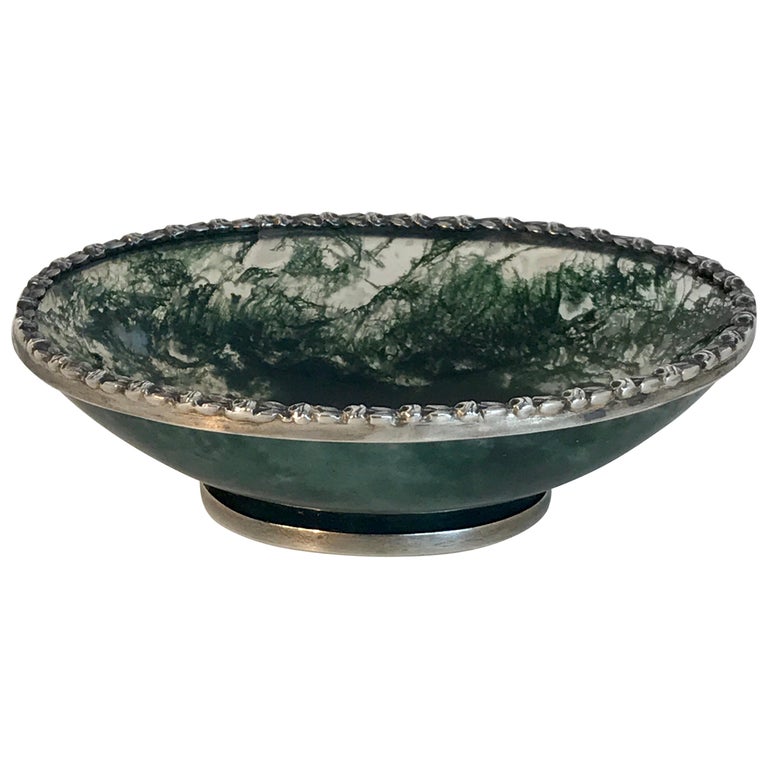 Exquisite Moss Agate Silver Mounted Pedestal Bowl For Sale at 1stDibs