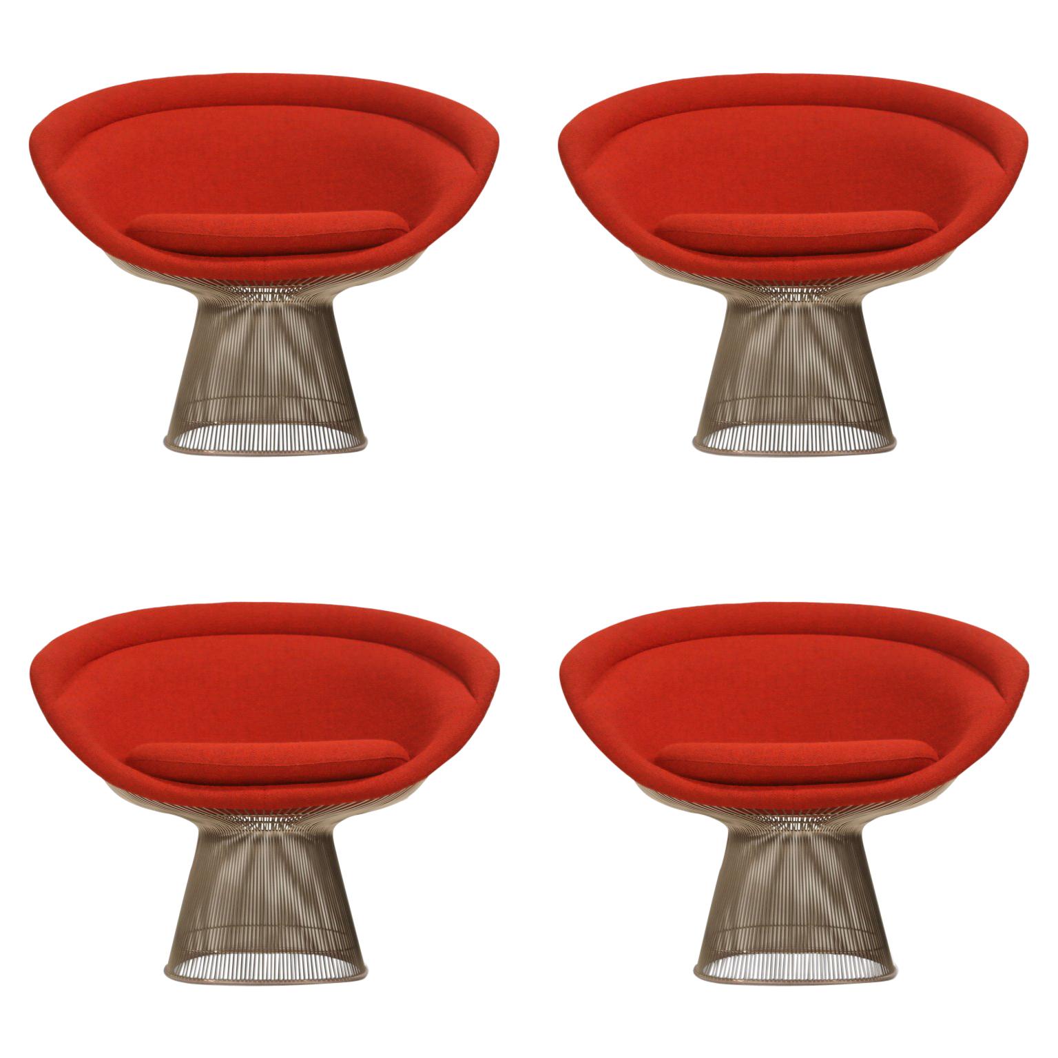 Warren Platner for Knoll Lounge Chairs in Red Wool Boucle, Near Mint Set of Four