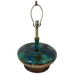 Retro 1960s Turquoise Blue Lava Drip Glazed Ceramic Table Lamp on Walnut Base