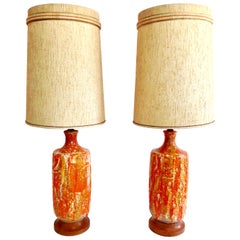 Vintage Mid-Century Modern Pair of Monumental Ceramic Drip Glaze Table Lamps & Shades