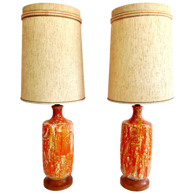 MidCentury Modern Pair of Monumental Ceramic Drip Glaze Table Lamps and Shades at 1stDibs mid