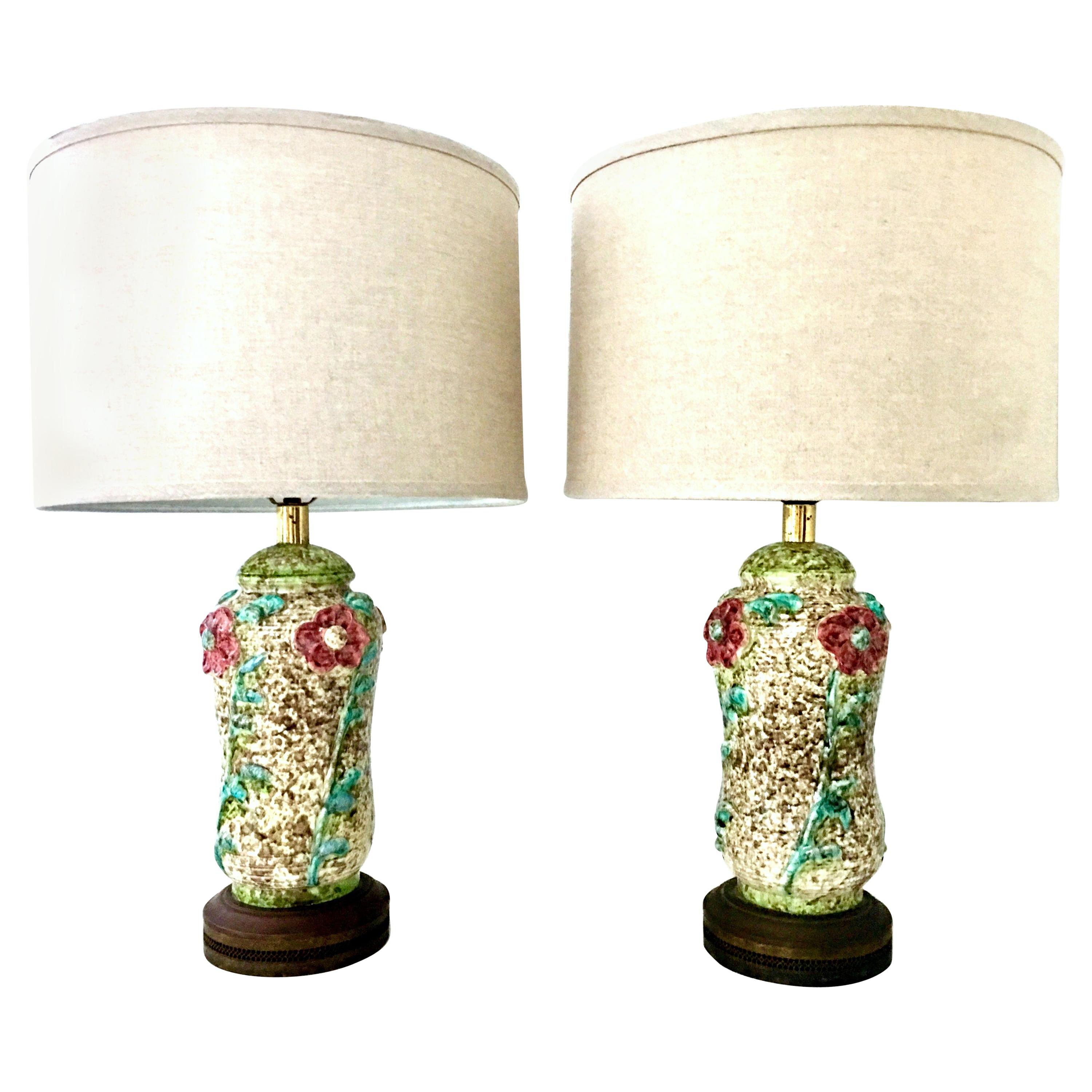 Mid-20th Century Pair of Ceramic Glaze and Gilt Brass Floral Table Lamps For Sale