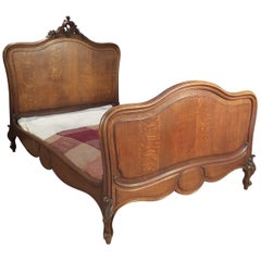 Antique French Louis VX1 Double Bed Frame in Oak with Superb Carved Plume