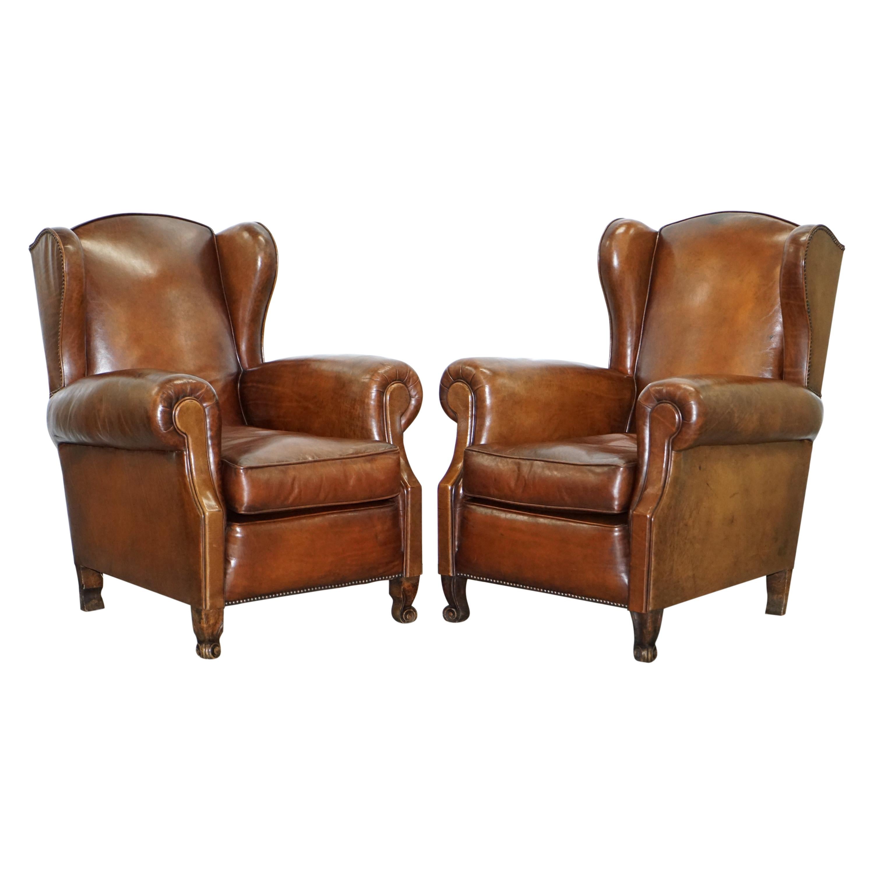 Rare Comfortable Victorian Wingback Whisky Brown Leather Armchairs Feather Seats
