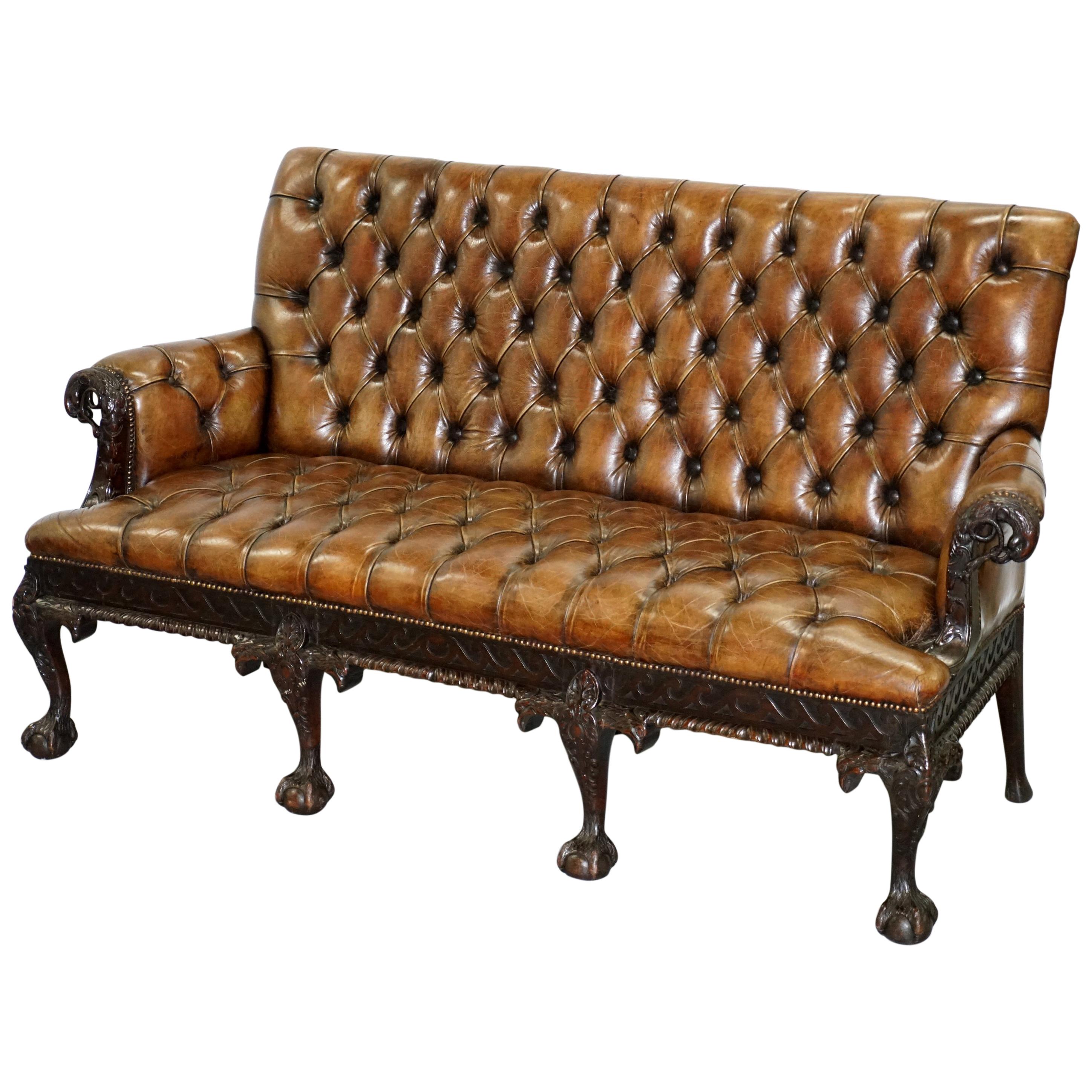 19th Century Hand Carved Hawk Claw and Ball Feet Chesterfield Sofa Brown Leather