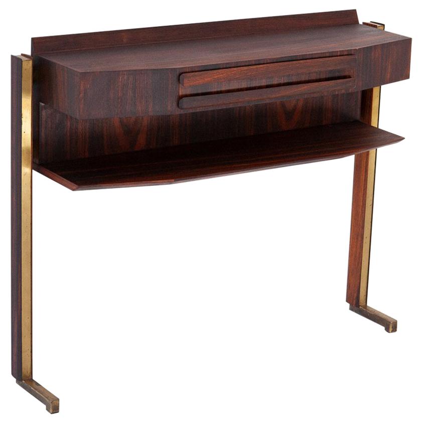 Italian Mid-Century Modern Rosewood and Brass Console Table with Drawer