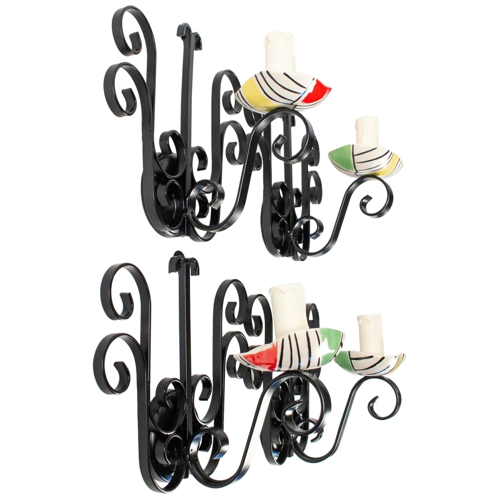 1950s Set of Four Vallauris like Ceramic and Wrought Iron Sconces