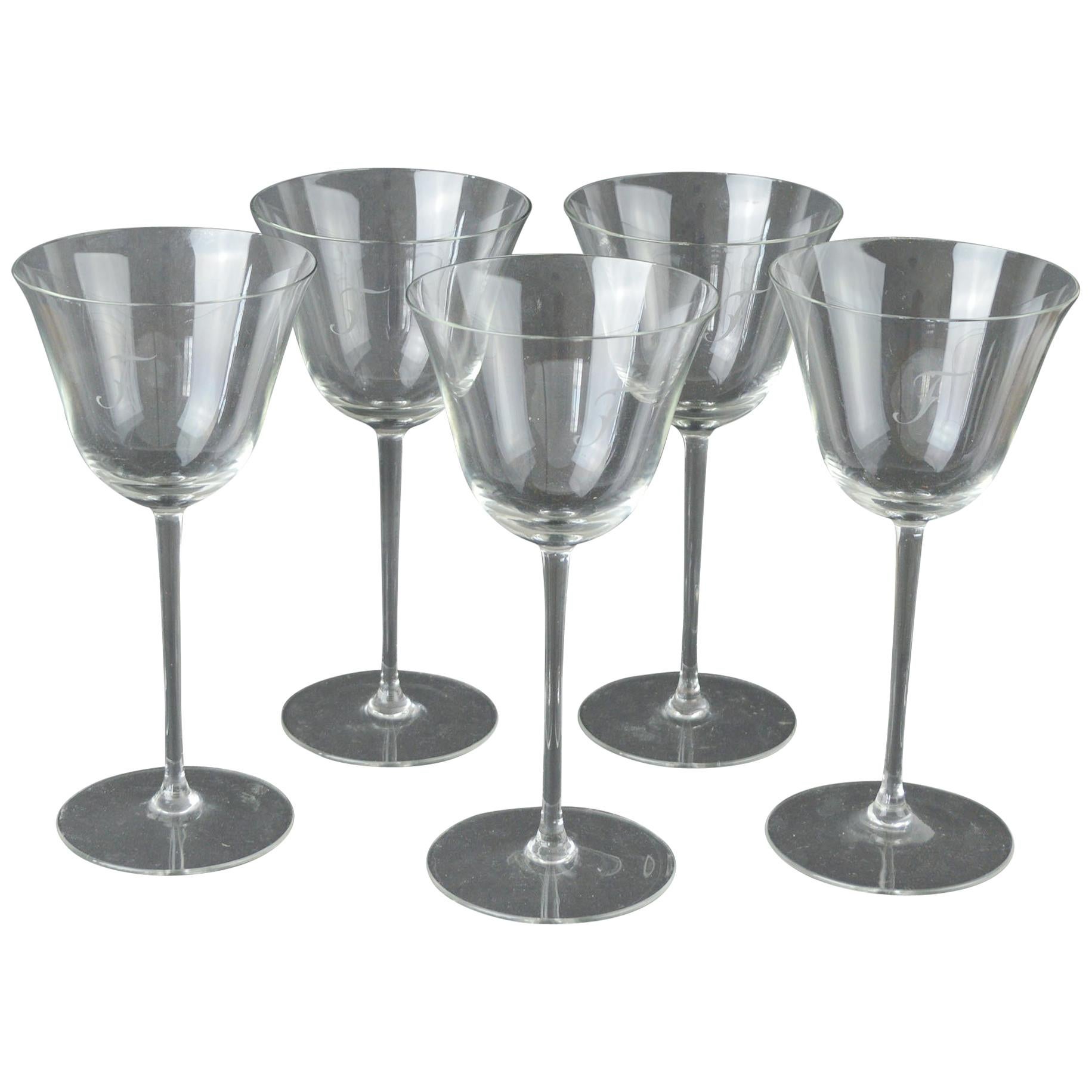 Set of Monogrammed Art Deco Wine Glasses, English, 1920s, Initial "F"