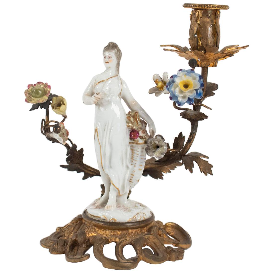 Candlestick in Ancient Porcelain and Gilded Metal, 19th Century