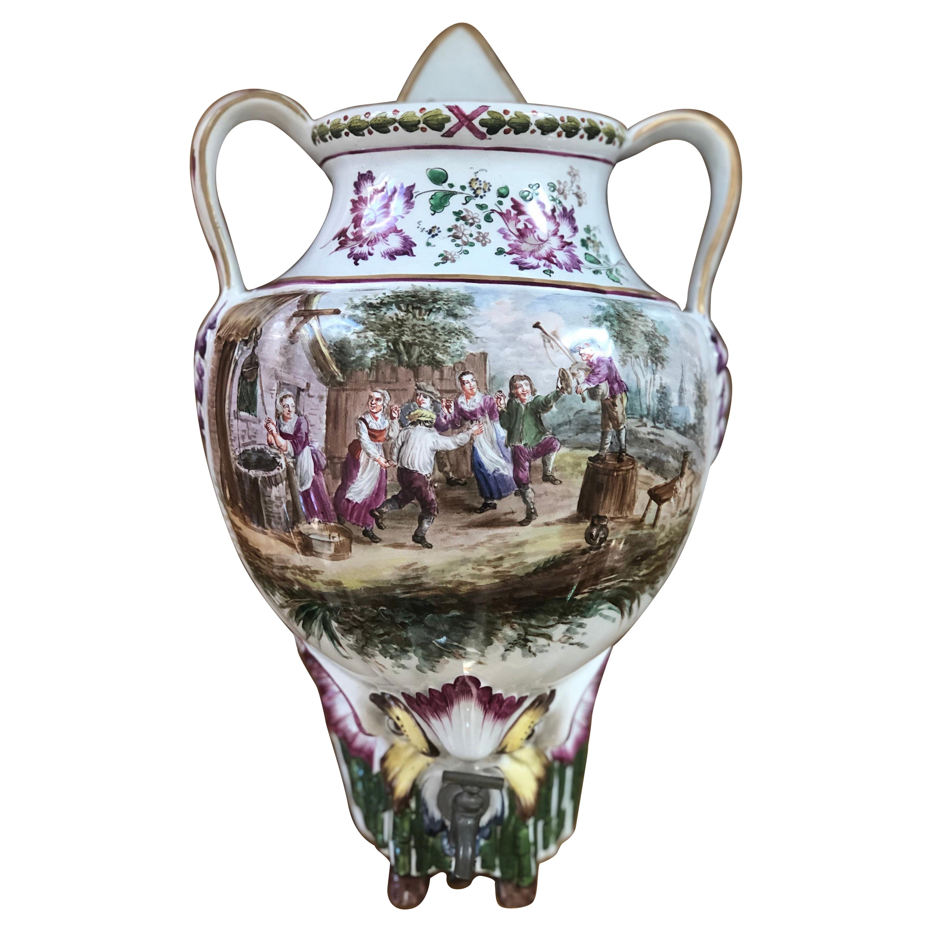 19th Century Hand Painted Faience Wall Fountain in Teniers' Style