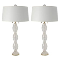 Pair of Solid Rock Crystal Barrel Shape Lamps w/ Brass Hardware