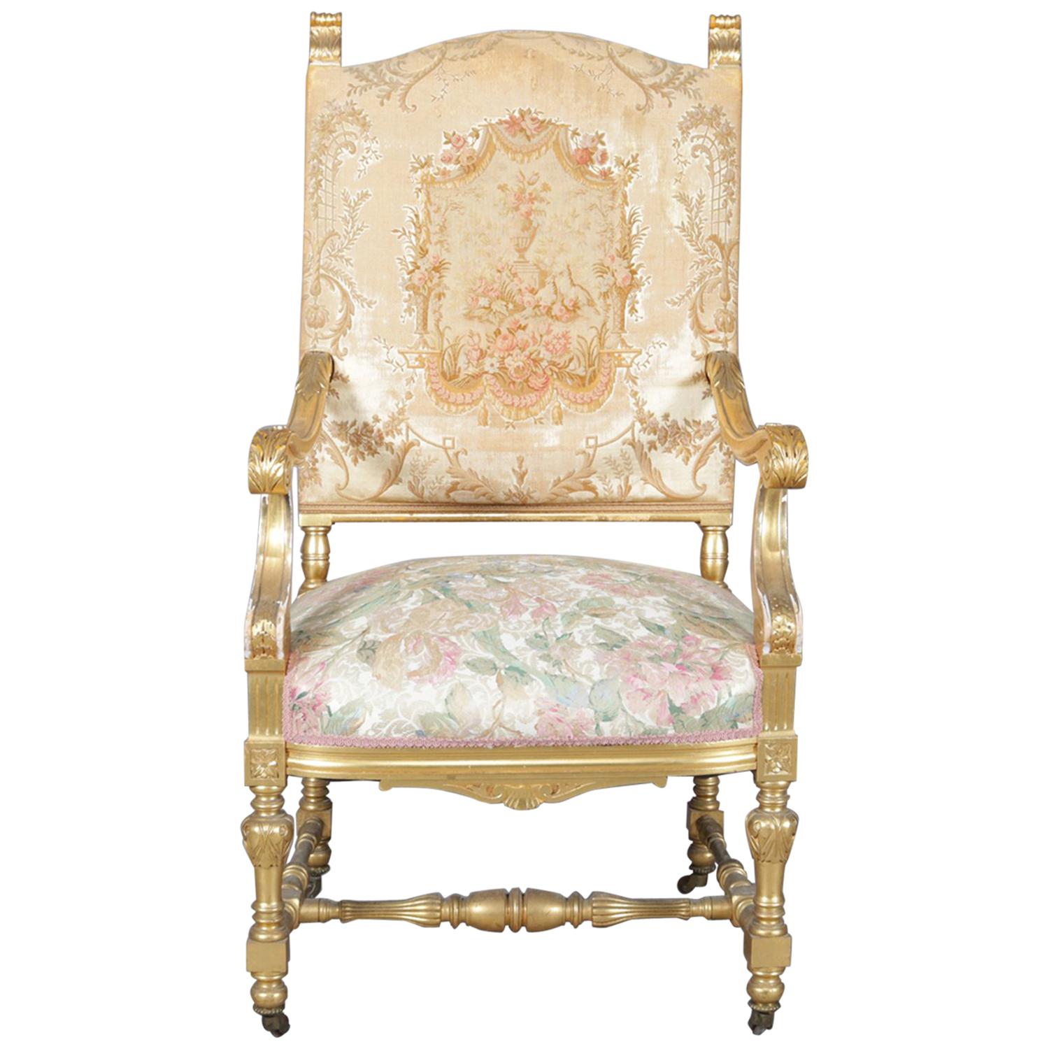 Antique French Louis XIV Giltwood and Tapestry Throne Chair, 20th Century