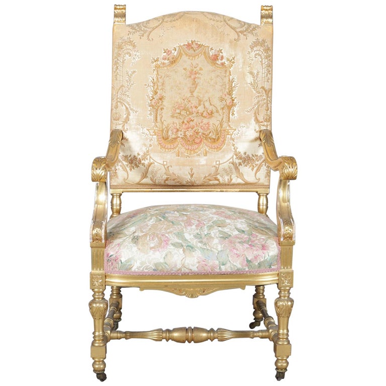 Antique French Louis XIV Giltwood and Tapestry Throne Chair, 20th