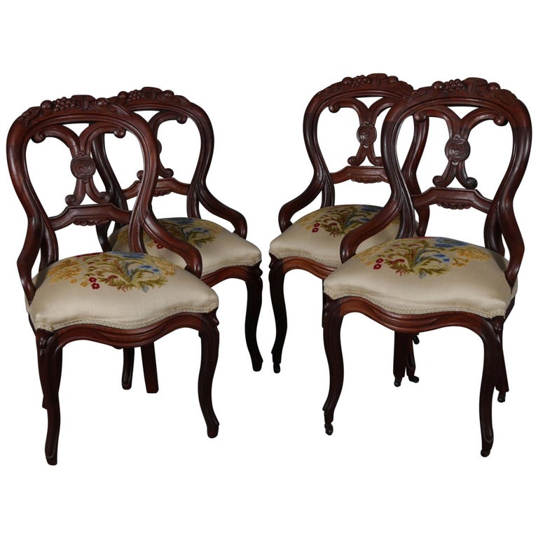 Four Victorian Carved Walnut and Crewel Embroidery Balloon Back Chairs at 1stDibs victorian