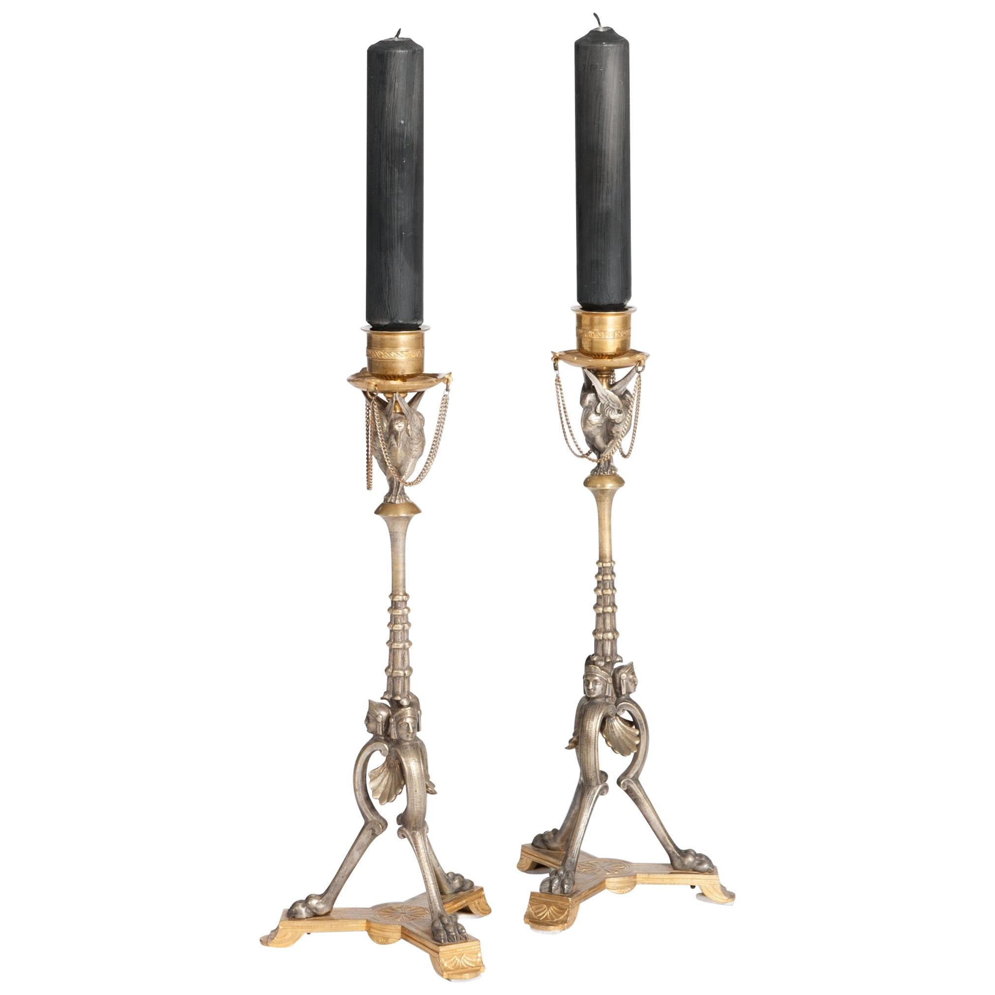 Pair of French Napoleon III Candlesticks Bronze & Bronze Firegilt by A. Daubrée For Sale