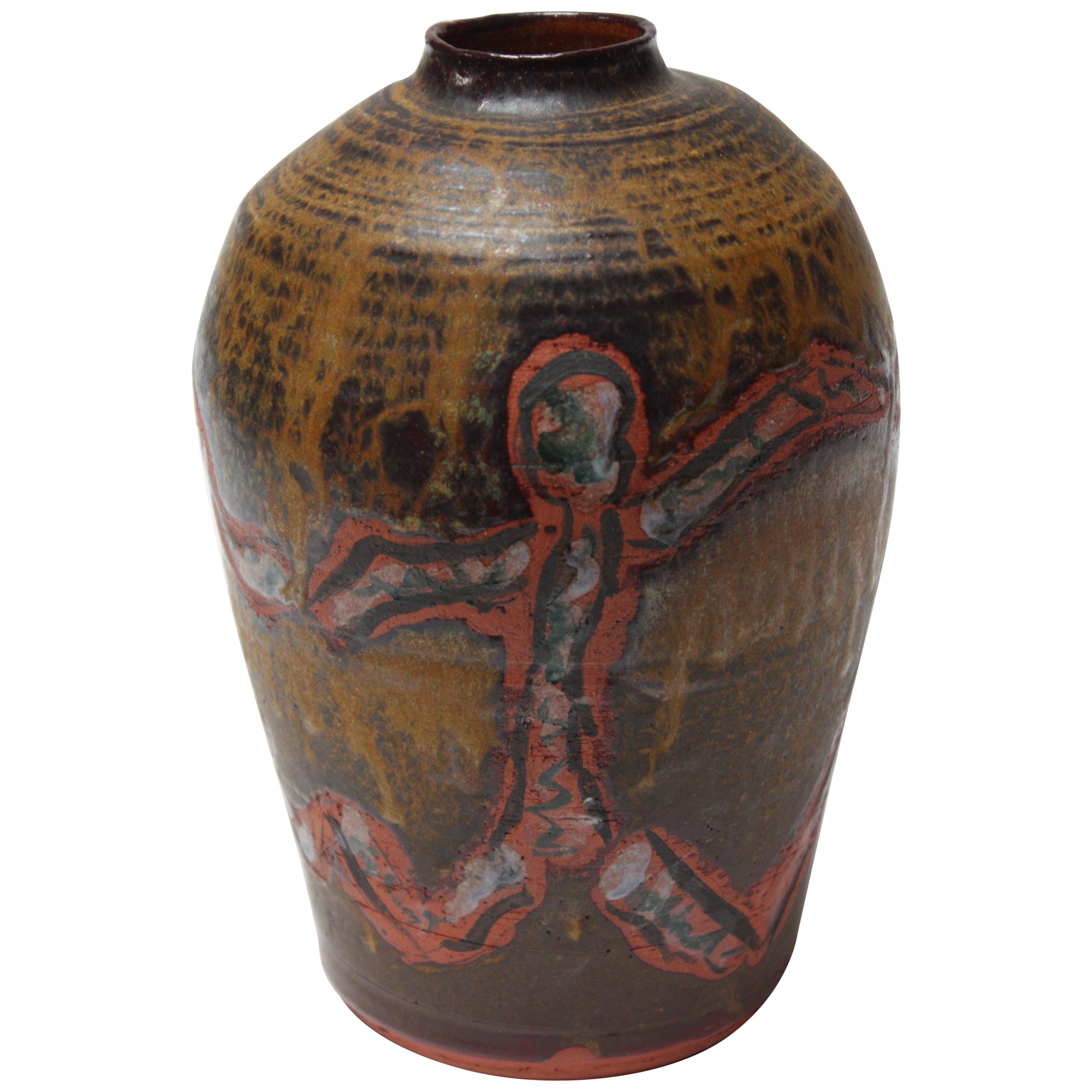 Studio Ceramic Terracotta Vase with Crude Figural Design