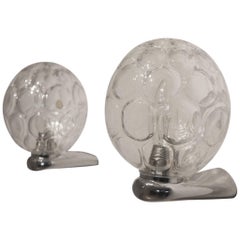 Pair of Midcentury German Crystal Glass Balls and Chromed Metal Wall Sconces