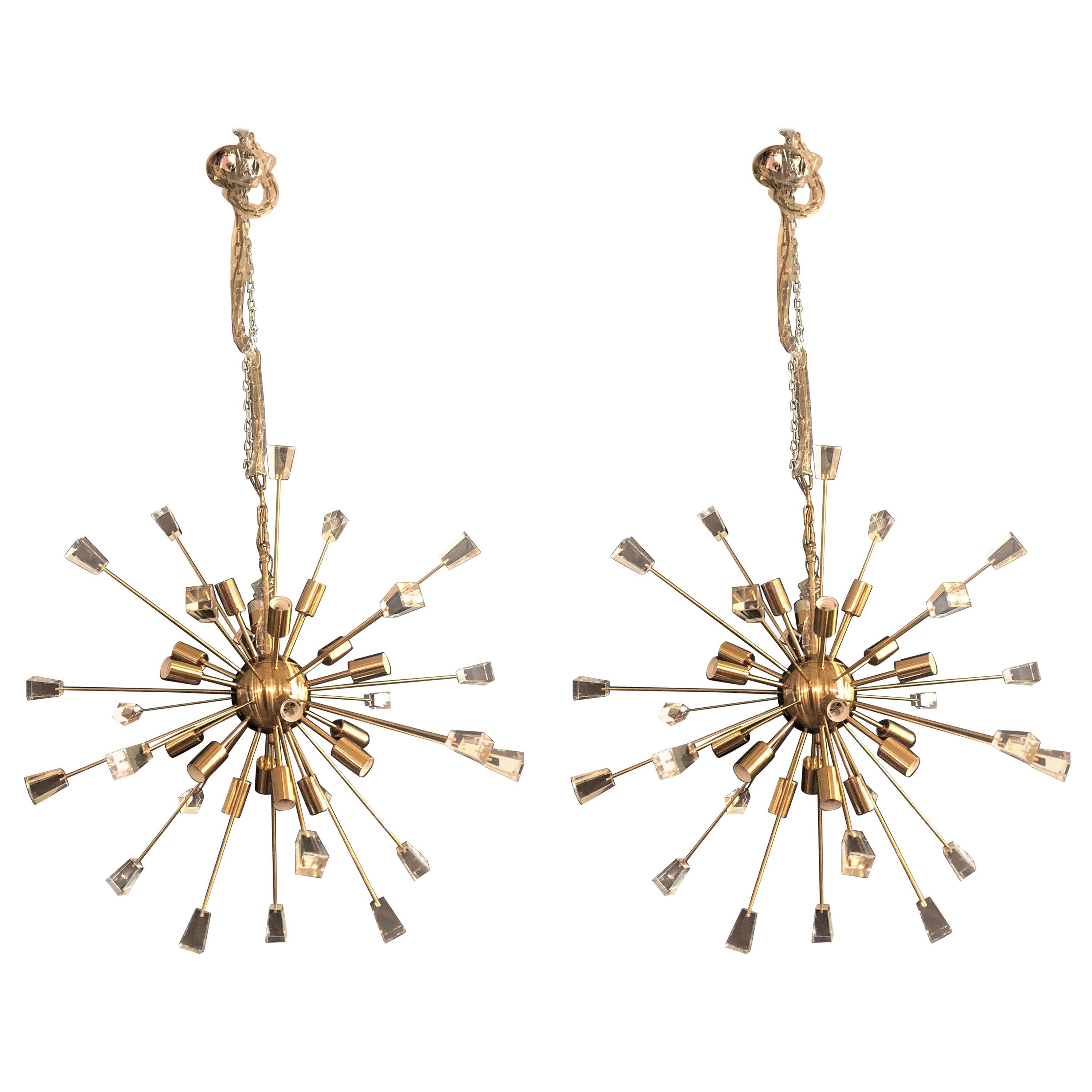 Pair of Brass Eighteen-Light Sputnik Chandeliers in the Mid-Century Modern Style