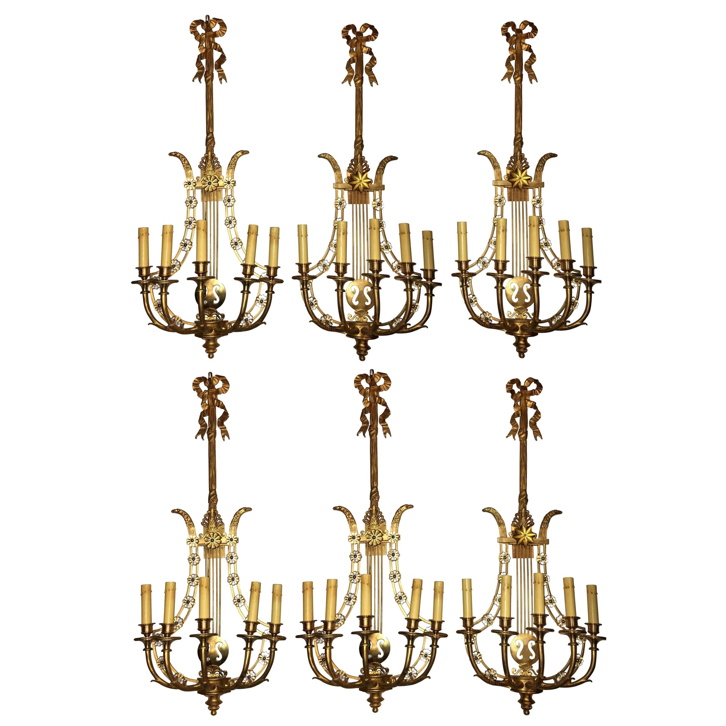 Louis XVI Style Harp / Lyre Back Bronze Wall Sconce. Set of Six For Sale